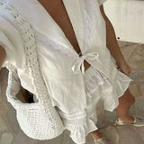 PICSGIRL  -  White Elegant 2 Piece Sets Women 2024 New V Neck Lace Patchwork Lace-up Blouse+Shorts Skirts Summer Casual Fashion Holiday Set