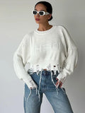 PICSGIRL  -  Fashion White Tassels Knitted Sweater 2024 Women Fashion O-neck Long Sleeves Cropped Pullover Lady High Street Jumper Top