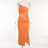 PICSGIRL  -  Hollow Club Party Dresses One Shoulder Backless Midi Dress Sexy Orange Slim Summer Dress for Women Elegant Beachwear