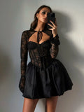 PICSGIRL  -  Sexy Lace Bandage Mini Dress Women's Fashion See Through A-line Dress Fishbone Splice Long Sleeve Black Gown Dresses Lady