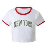 PICSGIRL  -  New York Letter Print Tee Women Contrast Patchwork Crew Short Sleeve Slim Versatile T-shirt Hottie Fashion Top Streetwear