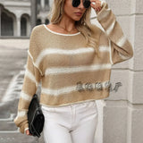 PICSGIRL  -  Casual Round Neck Color Blocking Knit Pullover Sweater in Autumn/Winter Colors, with Striped Design and Loose Fit