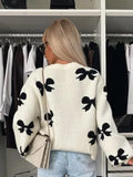 PICSGIRL  -  Women Faux Fur Half Sleeve Cardigans Coats Fashion O-neck 3D Flower Buttons Long Sleeves Sweater 2024 Autumn Soft Brown Tops