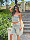 PICSGIRL  -  Women Plain Wide Leg Jeans Jorts Vintage Wash Straight High Waist Distressed Denim Bermuda Pants Y2k Summer Clothes