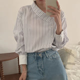 PICSGIRL  -  Blusas De Mujer Retro Irregular Neck Contrasting Striped Shirts Blouse Spring New Tops Roupas Femininas Chic Loose Shirt