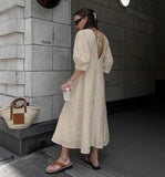 Picsgirl Cotton And Linen Solid Midi Dresses 2024 New Spring V-neck Lace-up Puff Sleeve Backells Long Dress Women Summer Casual Vestidos