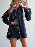 PICSGIRL  -  Vintage Denim 2 Piece Sets Women's Mini Skirts Polo Collar Long Sleeve Pockets Tops Hip Package Skirt Lady Streetwear Summer