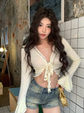 PICSGIRL  -  V-neck Hollow Lace Up Sexy Long-sleeved T-shirt Women 2024 Summer New Streetwear Solid Color Casual Fashion Ruffled Crop Tops