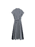 PICSGIRL  -  Women Summer Shirts Dress 2024 New Fashion Striped Belt Turn-down Collar Female Elegant Street Linen Dresses Clothing