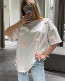 PICSGIRL  -  Bow Sweet Fashion Women Summer T-shirts Round Neck Short Sleeve Chic Luxury Tee Cotton Casual Streetwear Loose Female Tops