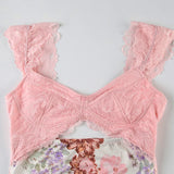 PICSGIRL  -  Flower Print Lace Trim Cut Out Camisole Dresses Sleeveless Spliced Skinny Side Split Sexy Elegant Frocks
