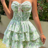 PICSGIRL  -  Summer 2024 Women's Floral Print Strapless Dress with Drawstring Waist Cinched Floor Strap Mini Skirt