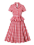 PICSGIRL  -  party look snspos 2025 New Vintage Elegant Red Gingham Cotton Midi Dresses for Women Notched Collar Buttons Belted 1950s Retro Plaid Peplum Dress