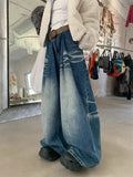 PICSGIRL  -  Blue Retro Washed Jeans Women Hip Hop Harajuku Causal Oversized Zip Straight Wide Leg Denim Pants Y2k Chic Slouchy Jeans