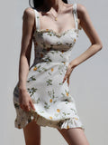 PICSGIRL  -  Elegant Floral Print Ruffles Mini Dress for Women Summer New Suspender Dress A-Line Short Dress Casual Vestidos