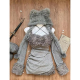 PICSGIRL  -  Sweet Plush Splicing Grey Off Shoulder Strap Irregular Top Slimming Short Skirt  Set Spicy Girl Two Piece Sets Women Outfits