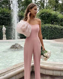 Picsgirl -  Elegant Jumpsuit for Woman Pink Organza Puff Sleeve One Shoulder High Waist Full Length Straight Pants Evening Jumpsuit