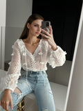 PICSGIRL  -  Fashion V-neck Jacquard Shirt Blouse Women Tops New Korean Summer Long Sleeve Fashion See-through Sexy Shirts Female Tops