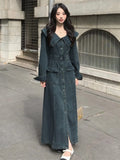 PICSGIRL  -  Retro Thick Denim Dress 2024 New Autumn Women's Doll Collar Single Breasted Long Sleeve Dress Fashion High Street Slimming Wear