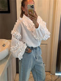 PICSGIRL  -  Ruffle Loose Women Shirts 2024 Cotton Long Sleeve Elegant White Tshirt Ladies Street Casual Holiday Baggy Cover Up Female