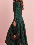 PICSGIRL  -  Women Green Plaid Pleated Irregular Maxi Dress Vintage V Neck Long Sleeve High Waist Dresses 2025 Spring Female Commuting Robes