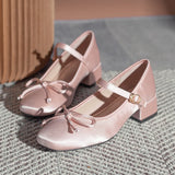 Picsgirl  -  Mary Jane Pumps Women silk Pink Bow Knot Design Lolita Square Toe Fashion Sweet Pumps 4CM Heel height Lovely Ballet Shoes