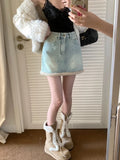 PICSGIRL  -  Spring and Autumn Hairy Splicing Denim Skirt Spicy Girl New Fashion Punk Style Plush High Waist Slimming Short Skirts for Women