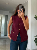 PICSGIRL  -  Pocket Solid Cardigan Vest Women O Neck Single Breasted Sleeveless Knit Waistcoat 2025 New Simple Casual Fashion Sweater Jacket