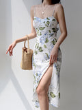 PICSGIRL  -  2024 Summer New Small Floral Sexy Slim Elegant Slit Suspenders Dress Street Style Casual Party Dress Women's Dresses