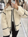 PICSGIRL  -  Elegant Winter Wool Fur Jacket Women Motorcycle Teddy Long Sleeve Stand Collar Double Faced Coat Female Winter Bike Streetwear