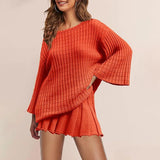 PICSGIRL  -  Knitted Mini Skirts Set Women 2 Pieces Flare Sleeve Sweater A-line Skirt Pleated Elegant New Lady All-matching Outfit Spring