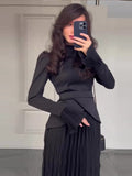 Picsgirl -  Fashion Black Pleated Irregular Blazer Women Dress Long Sleeve Lapel Patchwork Office Casual Dresses Party Evening Lady Vestidos