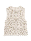 PICSGIRL  -  Ladies Elegant Knitted Hollow Out Summer Elastic Vest Womens Fashion Holiday Style O-Neck Sleeveless Beige Short Sweaters