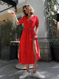 PICSGIRL  -  Dot Red Midi Dress Women Summer New V Neck Short Sleeve Waist Cinched Split Dresses 2024 Elegant Casual Button Long Vestido