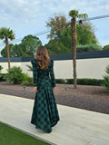 PICSGIRL  -  Women Green Plaid Pleated Irregular Maxi Dress Vintage V Neck Long Sleeve High Waist Dresses 2025 Spring Female Commuting Robes