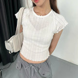 PICSGIRL  -  Basic Solid Color Knitted Round Neck T-shirt for Women 2024 Summer Navel Exposed Short Sleeved INS New Top for Women