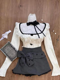 PICSGIRL  -  Sweet Cute White Ruffled Tops+Lace Edge Grey Vest+slimming High Waisted Skirt 3 Piece Set for Women Winter Japanese Skirt Suit