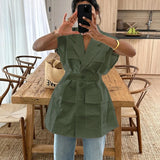 PICSGIRL  -  Summer Sleeveless Work Shirt Multi-Pocket Belted Loose Top For Women Lapel Collar Button Fashion Solid Color Cardigan Top