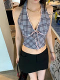 PICSGIRL  -  American Retro Grey Plaid Crop Top Women Streetwear V-neck Halter Y2k Tops Summer Sexy Fashion Backless Tank Top Clothes