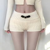 PICSGIRL  -  Y2K Belt Buckle Detail Knitted Shorts Japanese Girl Style Beige Slim Fit Sweater Shorts Cute Casual Outfits Winter