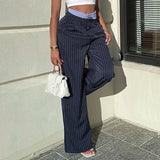 PICSGIRL  -  Contrast Hight Waist Patchwork Fashion Wide Leg Pants Striped Casual Loose Fit Straight Trousers Chic Y2K Streetwear