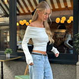 PICSGIRL  -  Vintage Off Shoulder T-Shirt Women Spring Solid White Long Sleeve Knit Sweaters Casual T shirts Slim Fit Crop Tops Y2K Clothes