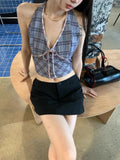 PICSGIRL  -  American Retro Grey Plaid Crop Top Women Streetwear V-neck Halter Y2k Tops Summer Sexy Fashion Backless Tank Top Clothes