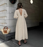 Picsgirl Cotton And Linen Solid Midi Dresses 2024 New Spring V-neck Lace-up Puff Sleeve Backells Long Dress Women Summer Casual Vestidos