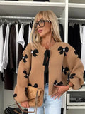 PICSGIRL  -  Women Faux Fur Half Sleeve Cardigans Coats Fashion O-neck 3D Flower Buttons Long Sleeves Sweater 2024 Autumn Soft Brown Tops