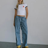 PICSGIRL  -  Women's Y2K Vintage Plaid/Striped Long Pants Casual Elastic Drawstring Low Waist Wide Leg Retro Trousers with Pockets