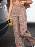 PICSGIRL  -  Womens Spring Casual Plaid Print Long Pants Chic Lady High Waist Straight Trousers Female Fashion Long Pants