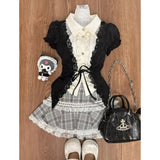 PICSGIRL  -  Ballet Style Sweet Witch Black Waist Slimming Lolita Shirt Grey Splicing Lace Plaid Short Skirt Set Two Piece Set Women Outfits