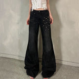 PICSGIRL  -  Grunge Aesthetic Flare Jeans Rivet Detail Y2K Fashion Retro Loose Fit Denim Pants High Street Punk Trousers Spring