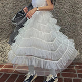 PICSGIRL -  Maxi Long Tulle White Skirts for Women Gothic Patchwork Ruffles Skirt Casual Party Fairycore Summer Jupe Longue Falda Mujer